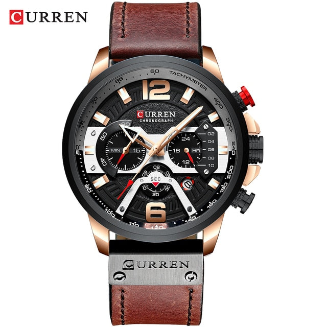 Men's Military Chronograph Watch — Genuine Leather Strap, 30M Water Resistant
