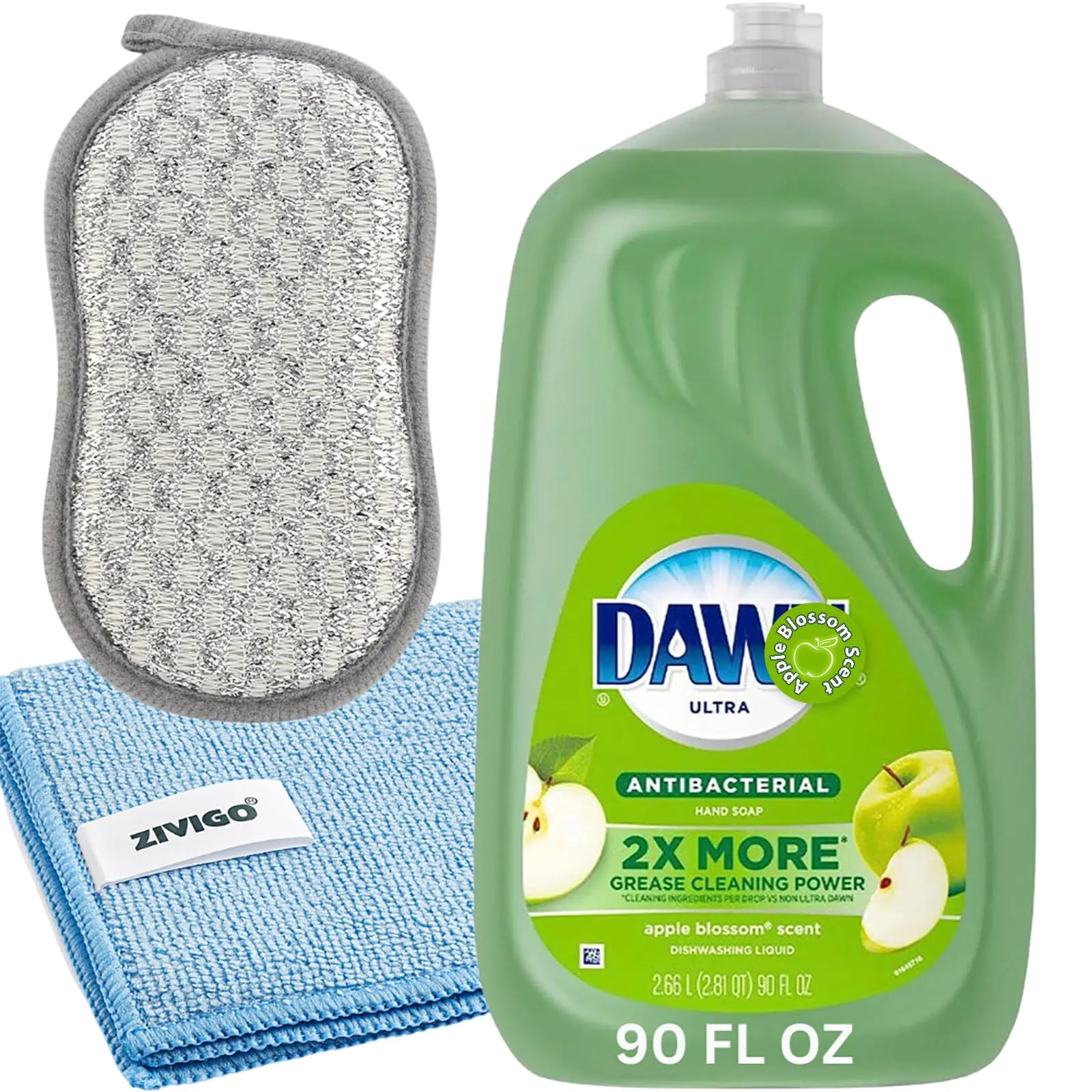 Dawn Dish Soap Ultra Dishwashing Liquid Apple blossom Scent Dishwasher Detergent Hand Soap & Dish Soap Refill 90 FL OZ BUNDLE with Dual-Sided Scrubbing Sponge & Microfiber Cleaning Towel Duvilo