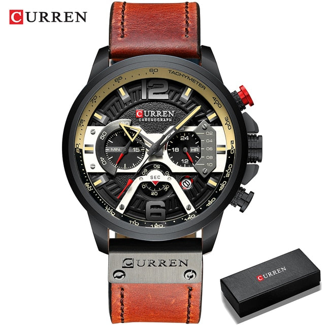 Men's Military Chronograph Watch — Genuine Leather Strap, 30M Water Resistant