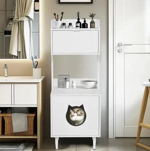 Litter Box Enclosure White Wooden Hidden Cat Litter Box Furniture Industrial Indoor Cat House Washroom Pet Crate Storage Cabinet