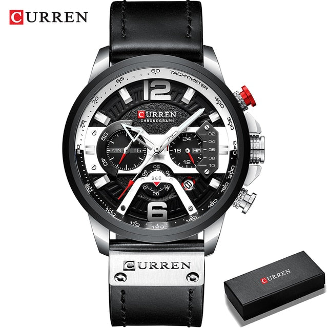Men's Military Chronograph Watch — Genuine Leather Strap, 30M Water Resistant