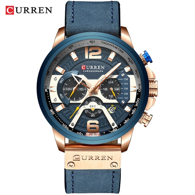 Men's Military Chronograph Watch — Genuine Leather Strap, 30M Water Resistant
