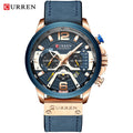 Men's Military Chronograph Watch — Genuine Leather Strap, 30M Water Resistant
