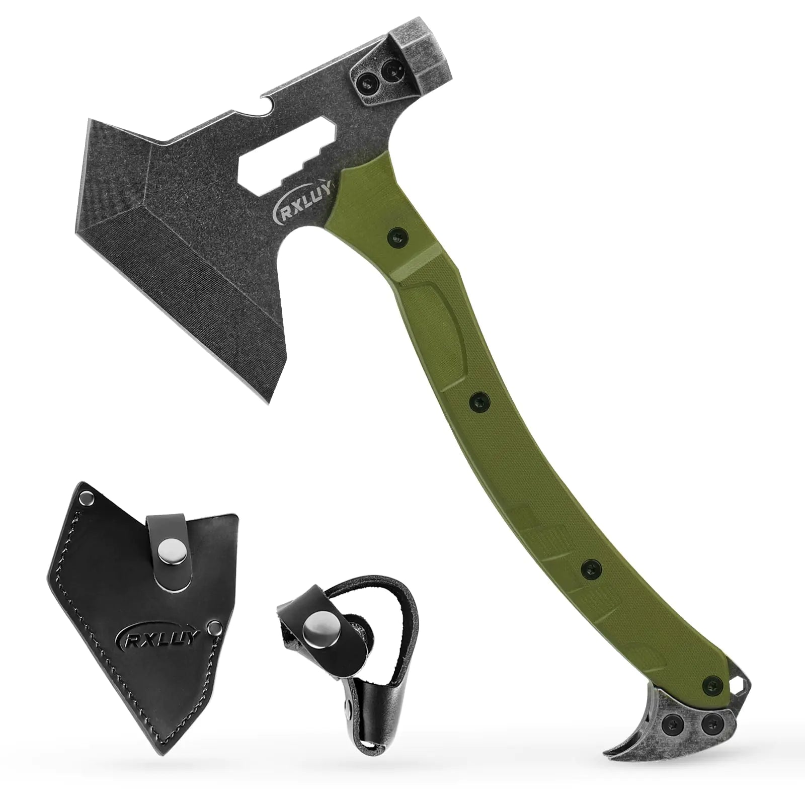 Tactical Axe with G10 Handle Hatchet Multifunctional Hiking Outdoor Heavy Duty Full Tang Tomahawk Tools with Hammer Unique Design Crowbar Leather Sheath (Green)