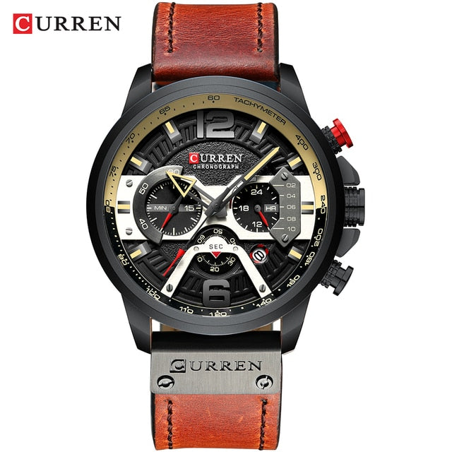 Men's Military Chronograph Watch — Genuine Leather Strap, 30M Water Resistant