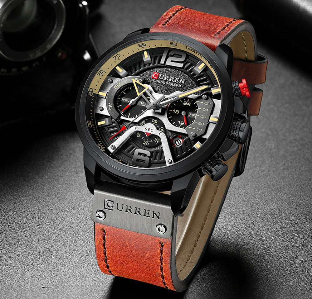 Men's Military Chronograph Watch — Genuine Leather Strap, 30M Water Resistant