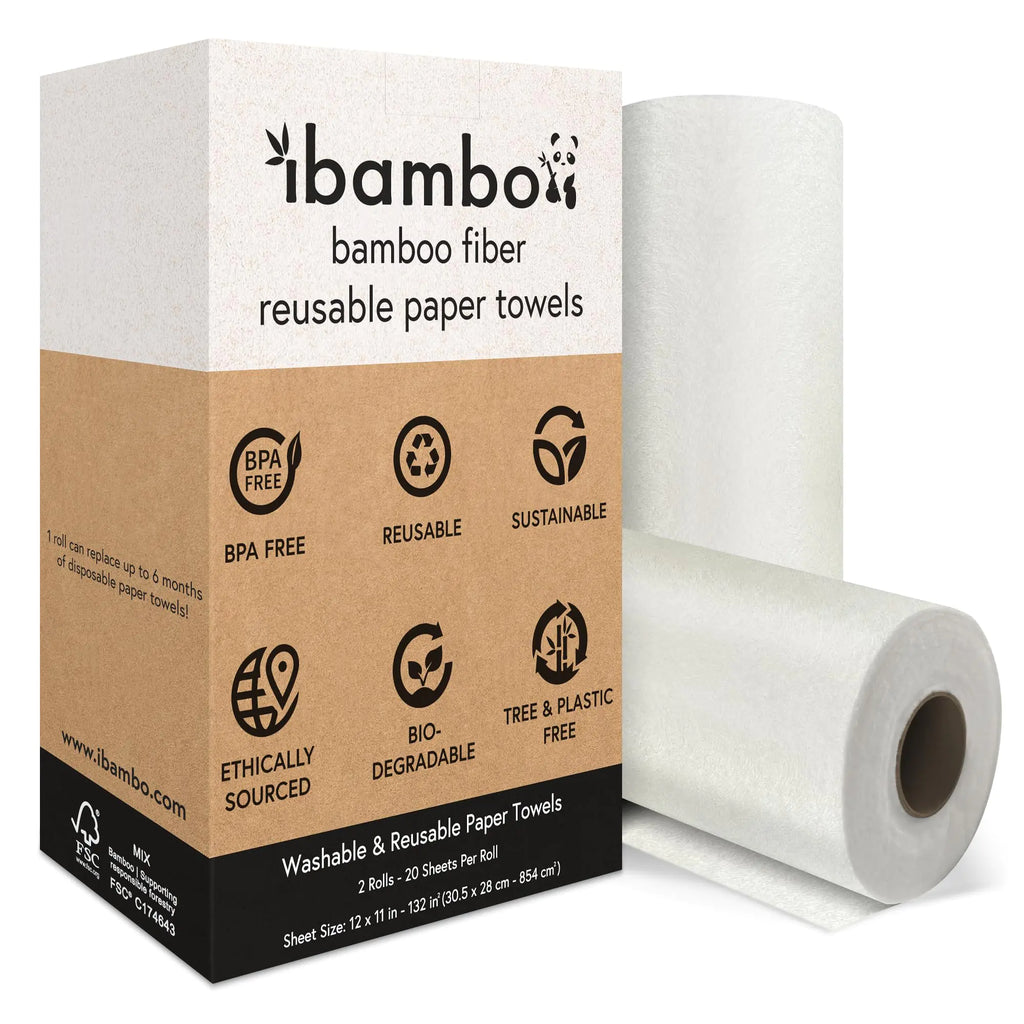 Ibambo 2 Rolls of Bamboo Reusable Paper Towels - Heavy Duty Absorbent & Durable | FSC Certified Machine Washable Paper Towels | 100% Rayon Derived From Bamboo | 20 Sheets Per Roll 12"x11" Sheets