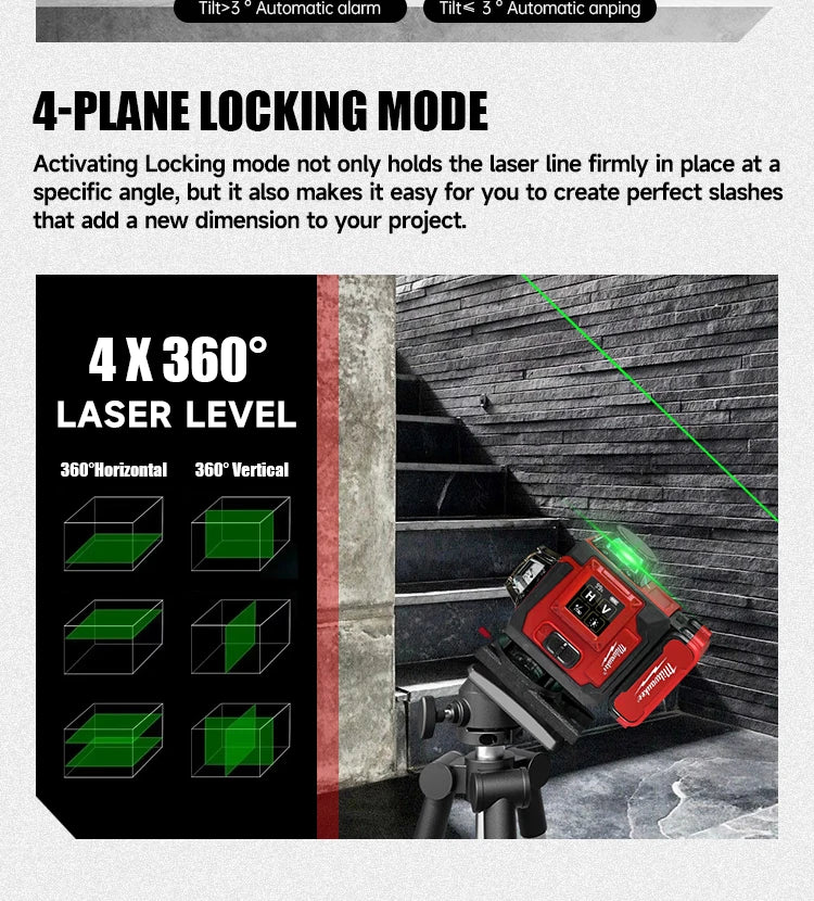 Milwaukee 4D Green Beam Laser Level – 16-Line Pro Touch-Screen Self-Leveling Tool w/ 6000mAh Battery & Rotating Base
