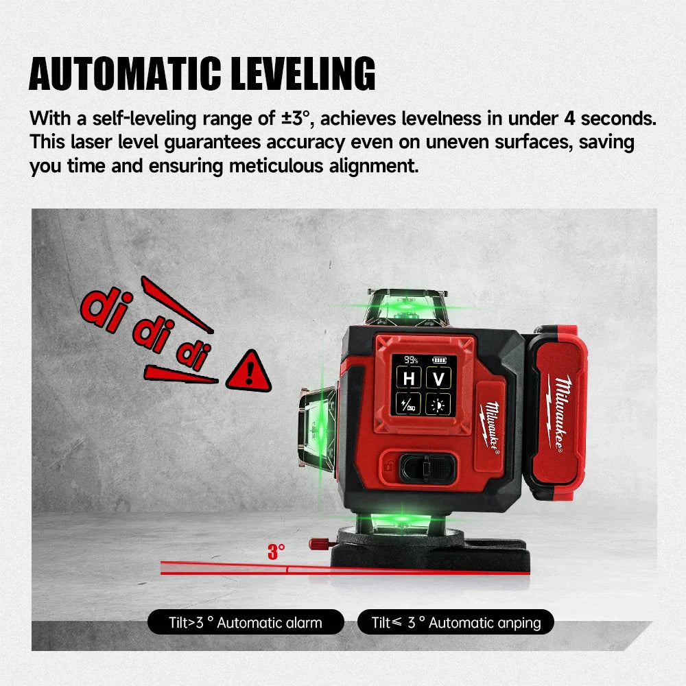 Milwaukee 4D Green Beam Laser Level – 16-Line Pro Touch-Screen Self-Leveling Tool w/ 6000mAh Battery & Rotating Base