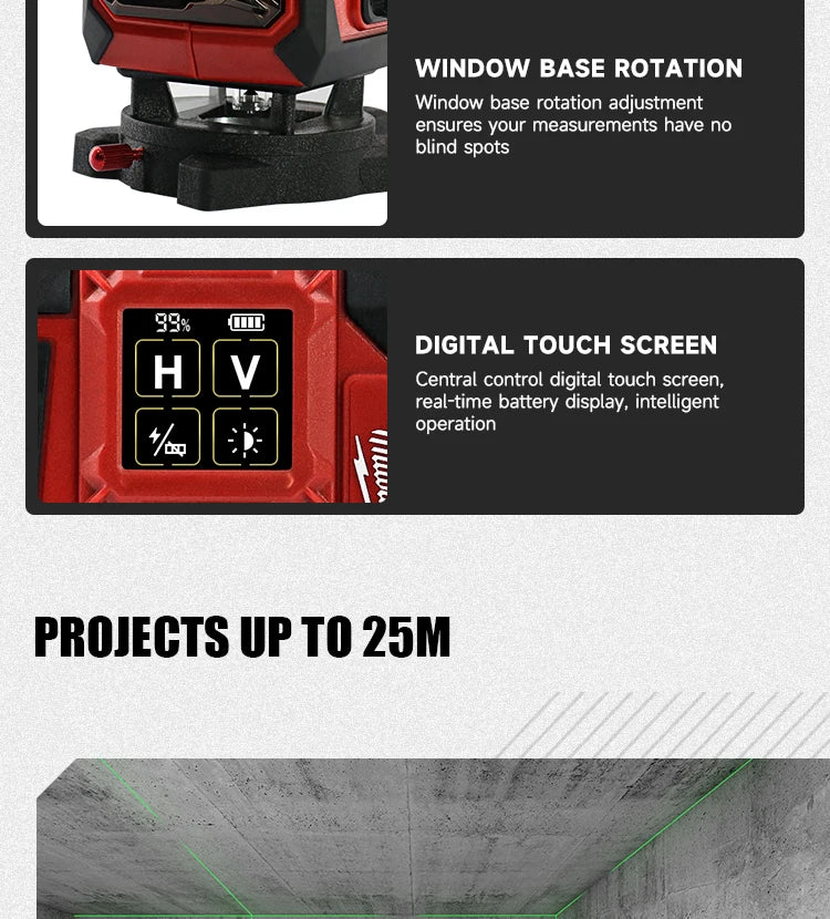 Milwaukee 4D Green Beam Laser Level – 16-Line Pro Touch-Screen Self-Leveling Tool w/ 6000mAh Battery & Rotating Base