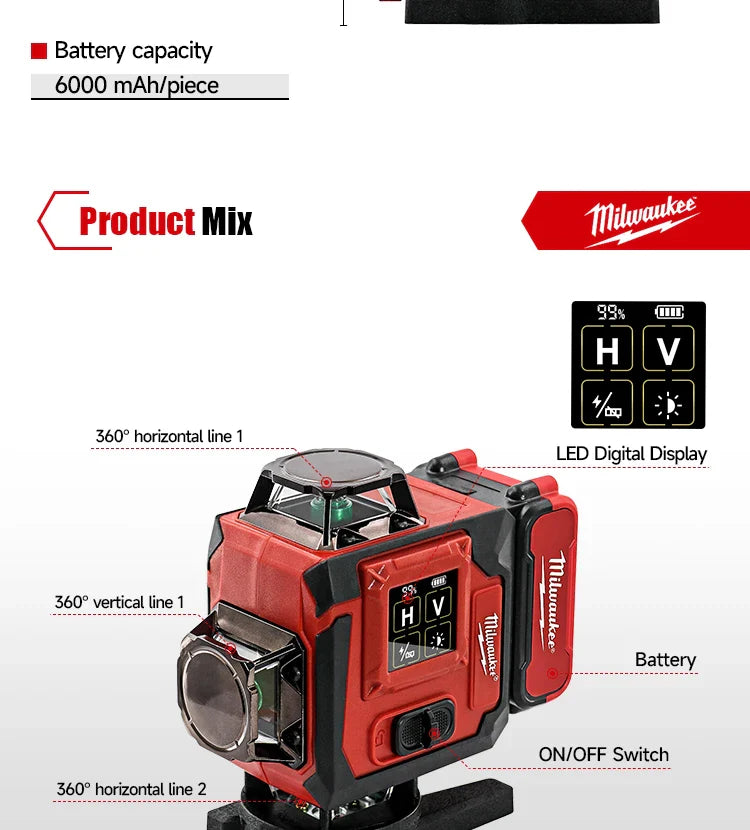 Milwaukee 4D Green Beam Laser Level – 16-Line Pro Touch-Screen Self-Leveling Tool w/ 6000mAh Battery & Rotating Base