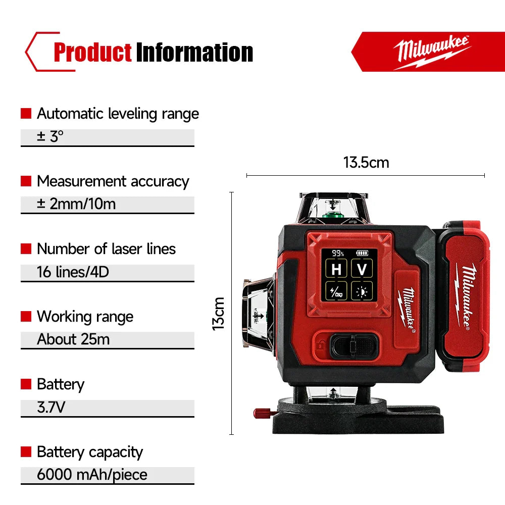 Milwaukee 4D Green Beam Laser Level – 16-Line Pro Touch-Screen Self-Leveling Tool w/ 6000mAh Battery & Rotating Base