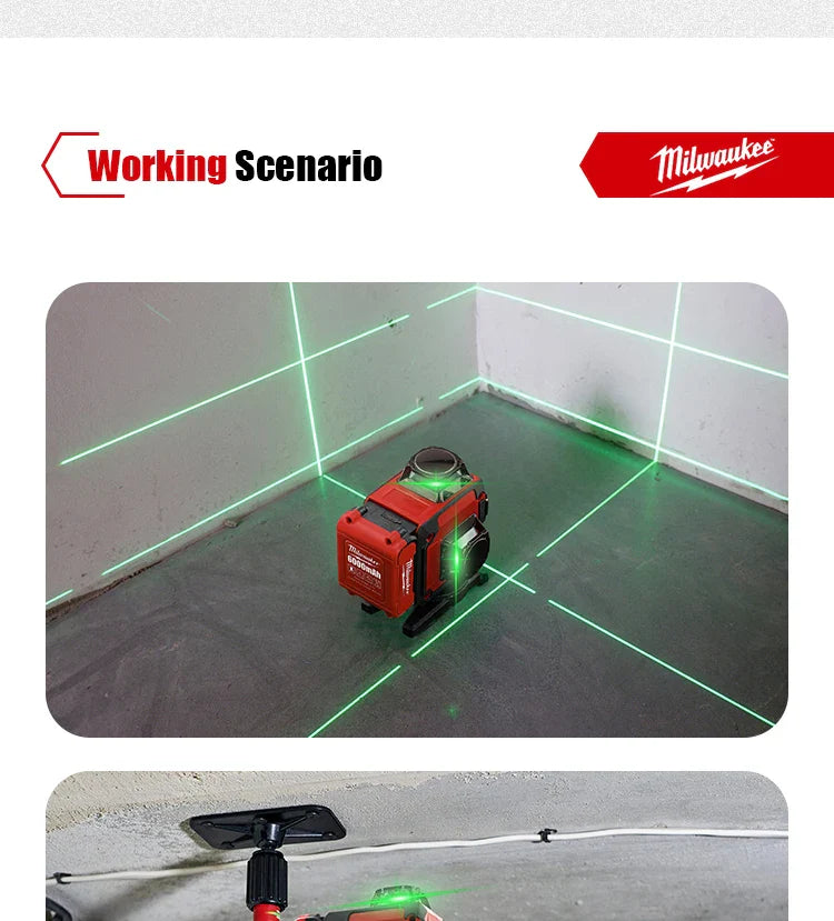 Milwaukee 4D Green Beam Laser Level – 16-Line Pro Touch-Screen Self-Leveling Tool w/ 6000mAh Battery & Rotating Base