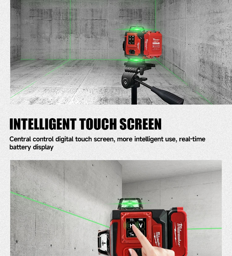 Milwaukee 4D Green Beam Laser Level – 16-Line Pro Touch-Screen Self-Leveling Tool w/ 6000mAh Battery & Rotating Base