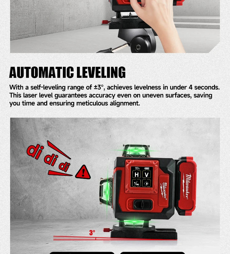 Milwaukee 4D Green Beam Laser Level – 16-Line Pro Touch-Screen Self-Leveling Tool w/ 6000mAh Battery & Rotating Base