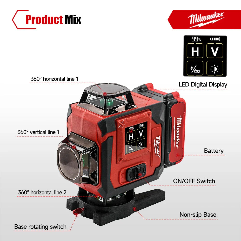 Milwaukee 4D Green Beam Laser Level – 16-Line Pro Touch-Screen Self-Leveling Tool w/ 6000mAh Battery & Rotating Base