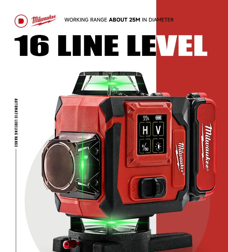 Milwaukee 4D Green Beam Laser Level – 16-Line Pro Touch-Screen Self-Leveling Tool w/ 6000mAh Battery & Rotating Base