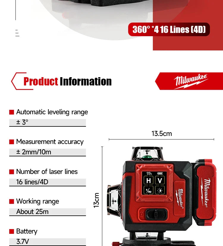 Milwaukee 4D Green Beam Laser Level – 16-Line Pro Touch-Screen Self-Leveling Tool w/ 6000mAh Battery & Rotating Base