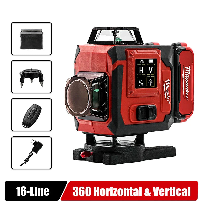 Milwaukee 4D Green Beam Laser Level – 16-Line Pro Touch-Screen Self-Leveling Tool w/ 6000mAh Battery & Rotating Base