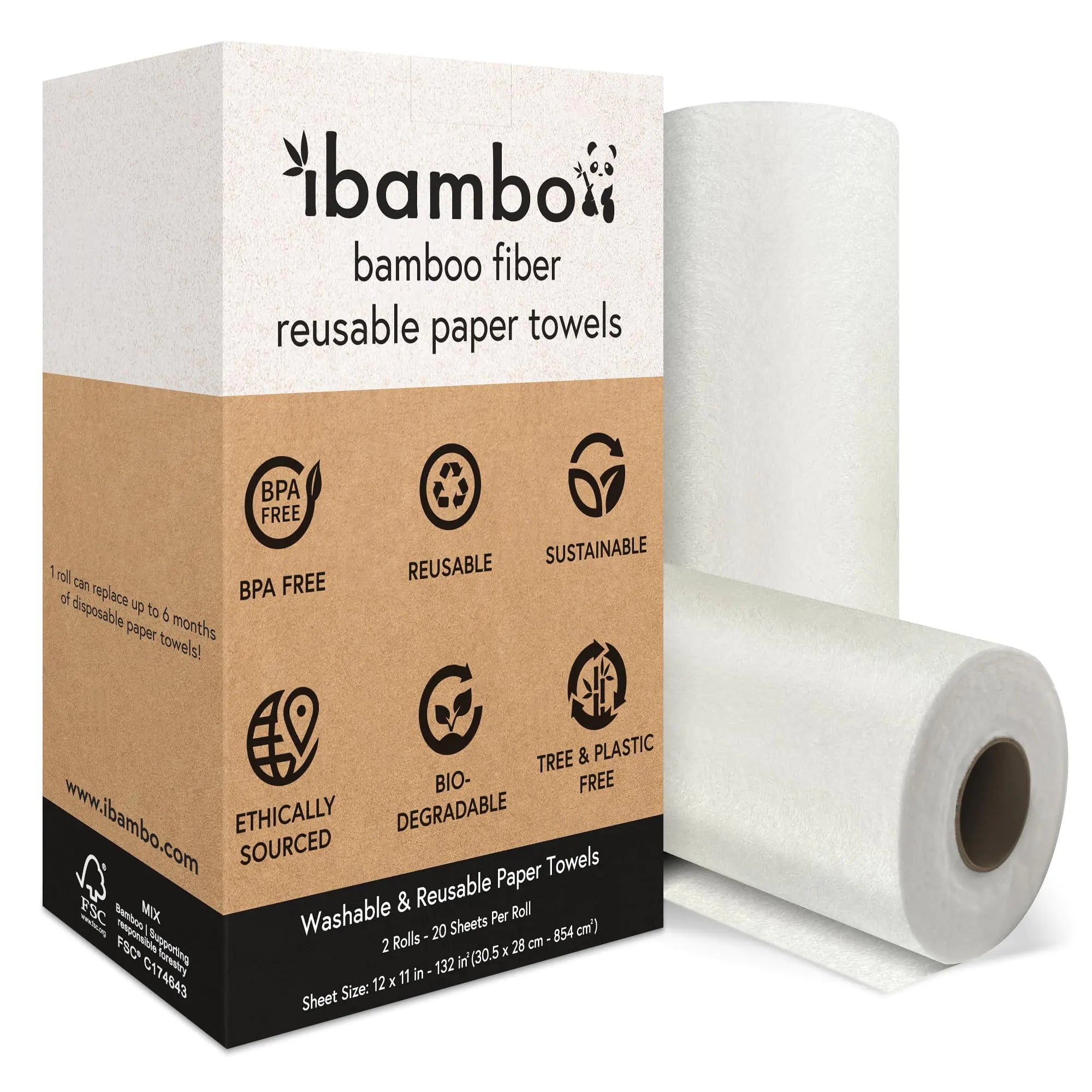 Ibambo 2 Rolls of Bamboo Reusable Paper Towels - Heavy Duty Absorbent & Durable | FSC Certified Machine Washable Paper Towels | 100% Rayon Derived From Bamboo | 20 Sheets Per Roll 12"x11" Sheets