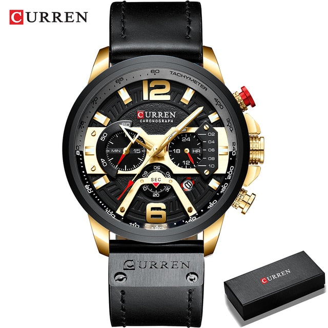 Men's Military Chronograph Watch — Genuine Leather Strap, 30M Water Resistant