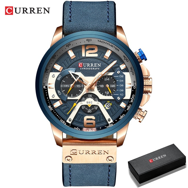 Men's Military Chronograph Watch — Genuine Leather Strap, 30M Water Resistant