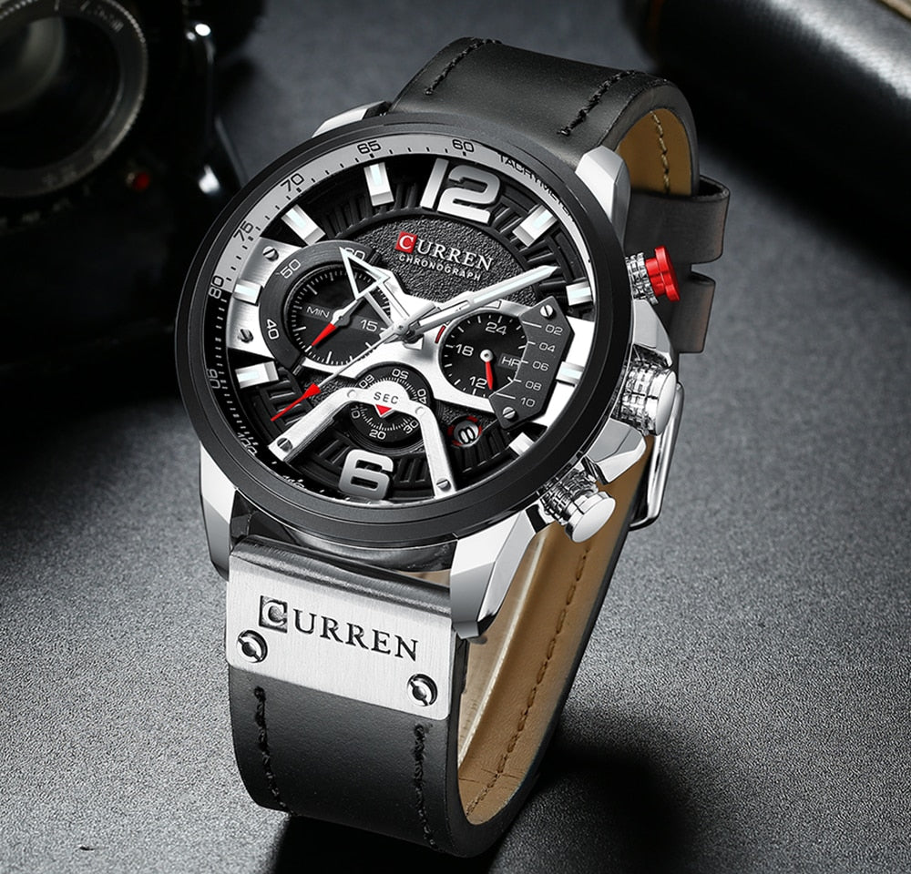 Men's Military Chronograph Watch — Genuine Leather Strap, 30M Water Resistant