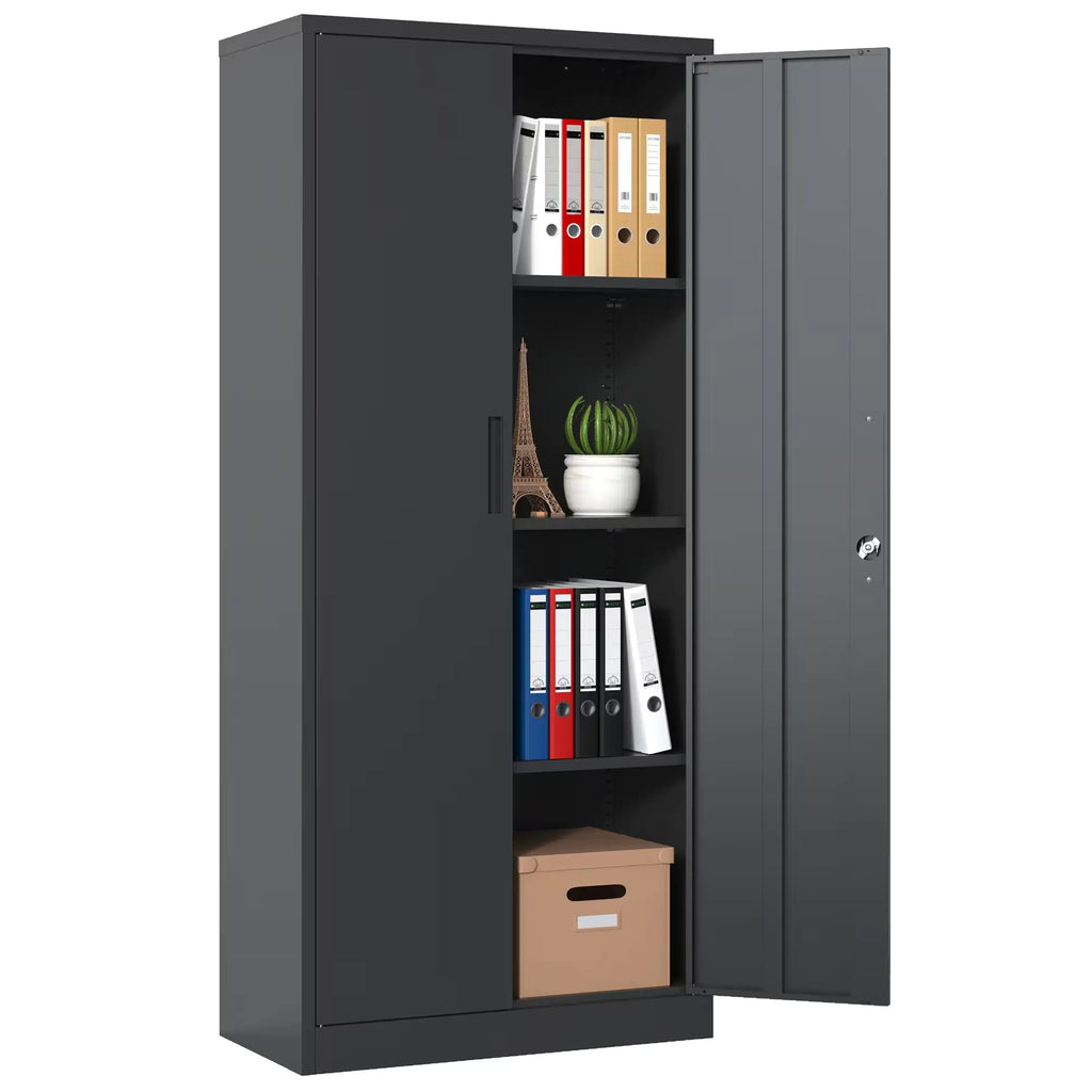 Metal Garage Storage Cabinet, Black Tool Steel Locking Cabinet With Doors And 3 Shelves
