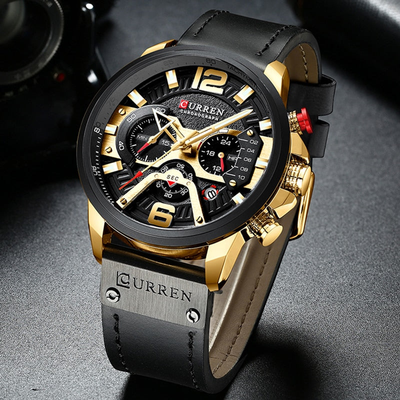 Men's Military Chronograph Watch — Genuine Leather Strap, 30M Water Resistant