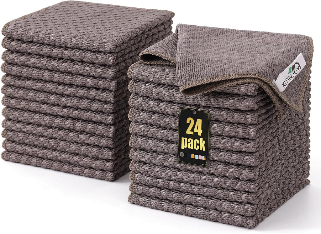 Kitinjoy Microfiber Cleaning Cloth 24 Pack Soft and No Lint Microfiber Towels Cleaning Supplies Absorbent Fast Drying Cleaning Rags for Housekeeping Kitchen Window 12 x12 Inches Brown