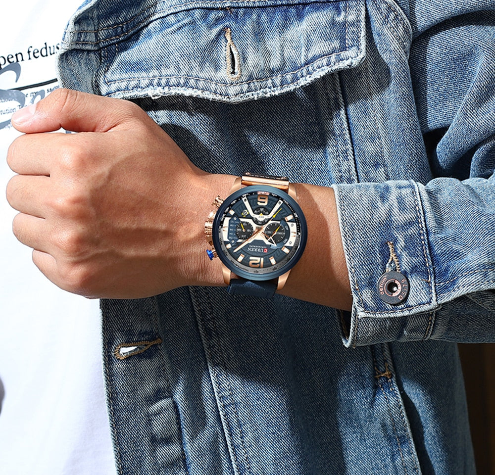 Men's Military Chronograph Watch — Genuine Leather Strap, 30M Water Resistant
