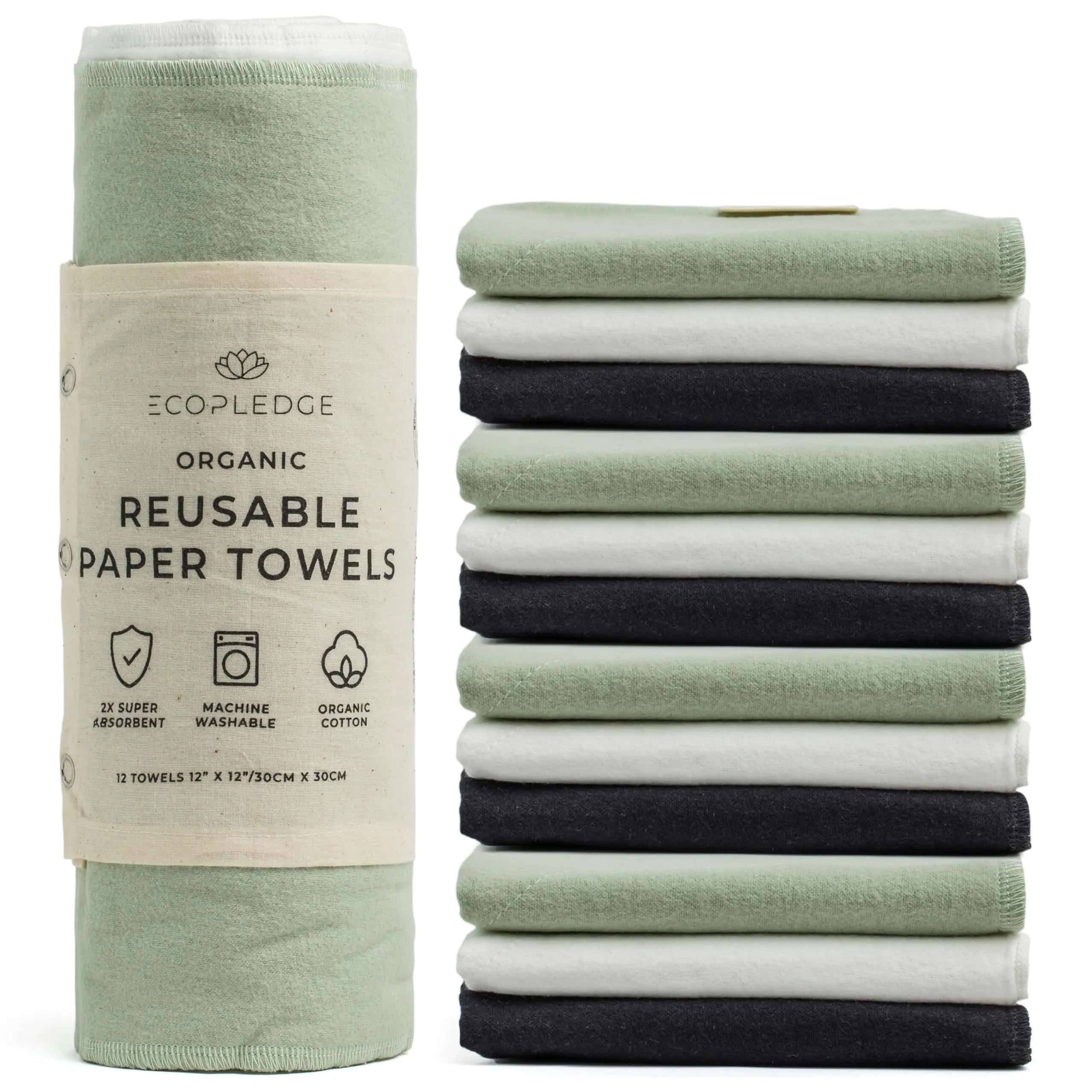 Planet Safe Reusable Towels Washable Roll - Thick 12-pc Two Layered Ultra Absorbent Paperless Certified Organic Cotton Towels - Large Cloth Kitchen Paper Towel with Hanging Loop
