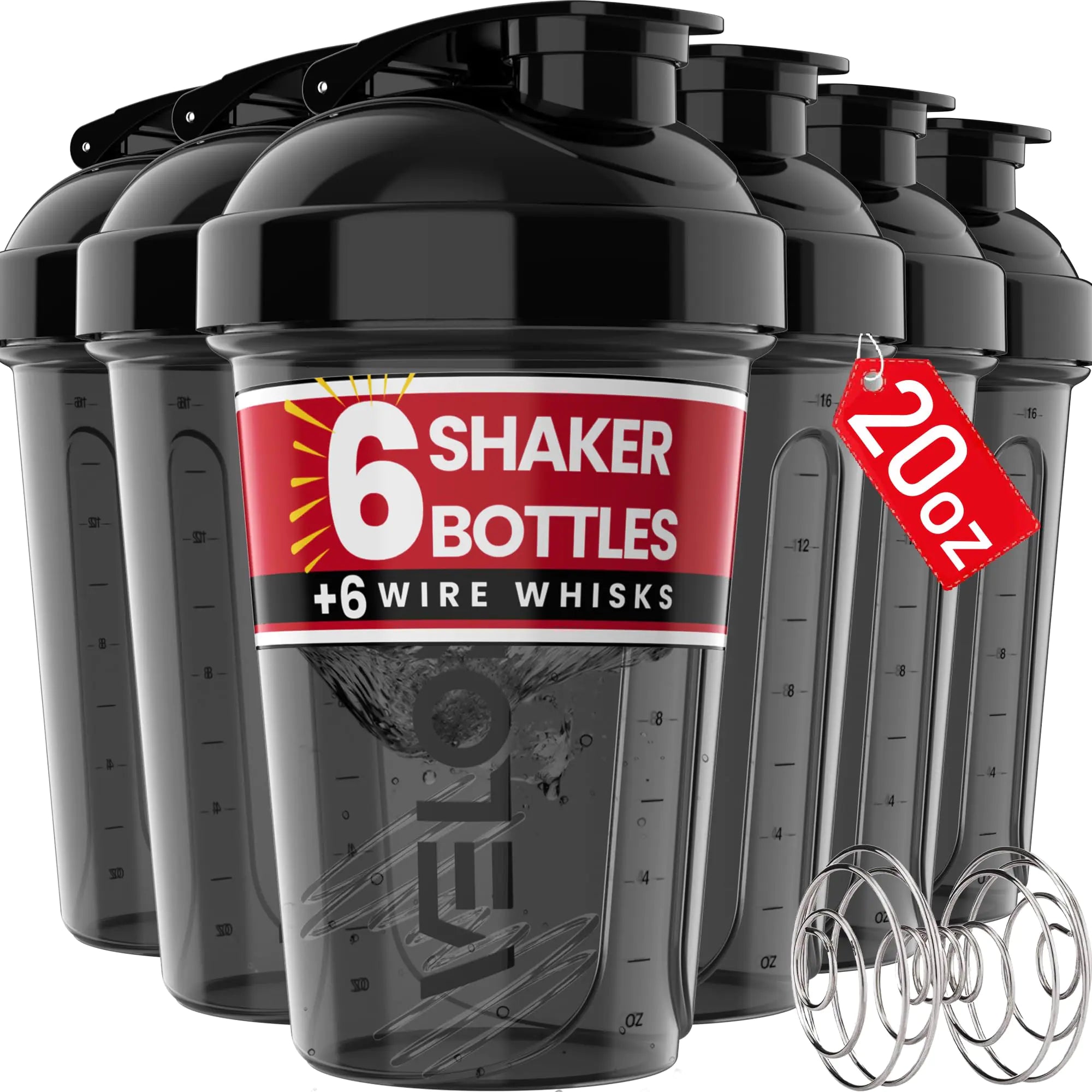 Smart Human-6 PACK- 20 OZ Protein Shaker Bottles for Protein Mixes Shaker Cups for Protein Shakes Small Shaker Bottle Pack Shaker Cup Shakers for protein Shakes (20 OZ - 6 PACK BLACK)