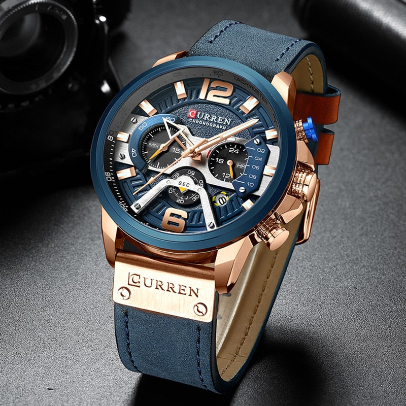 Men's Military Chronograph Watch — Genuine Leather Strap, 30M Water Resistant