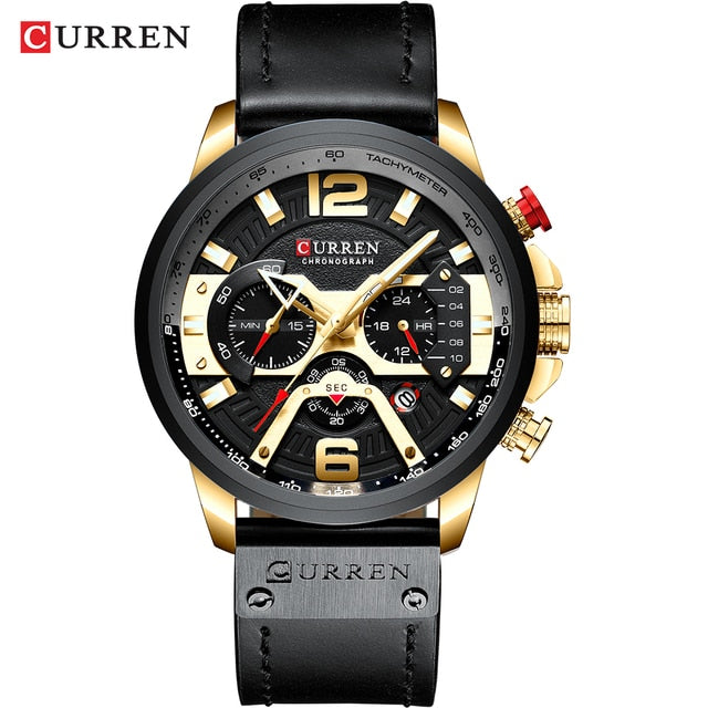 Men's Military Chronograph Watch — Genuine Leather Strap, 30M Water Resistant