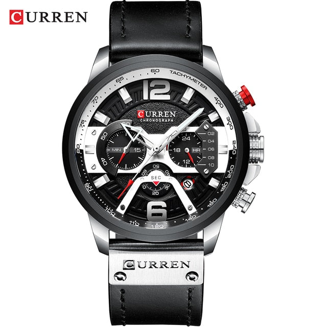 Men's Military Chronograph Watch — Genuine Leather Strap, 30M Water Resistant