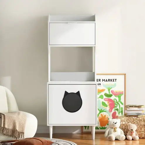 Litter Box Enclosure White Wooden Hidden Cat Litter Box Furniture Industrial Indoor Cat House Washroom Pet Crate Storage Cabinet
