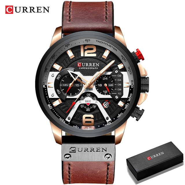 Men's Military Chronograph Watch — Genuine Leather Strap, 30M Water Resistant
